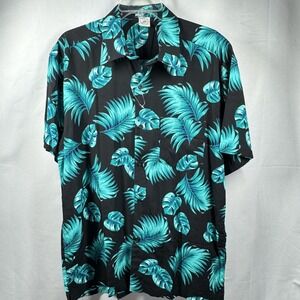 DL Fashion Shirt Mens 3XL Black Blue Tropical Hawaiian Button Up Palm Print Camp